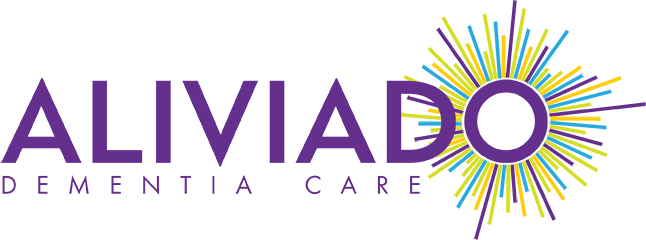 Aliviado Logo - Purple sans-serif type with round burst in purple, green, orange, and blue to right